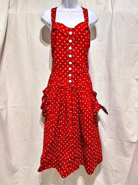 Vtg Glamour Red Polka Dot Dress V-drop Basque Waist Fitted Bodice Smocked 16W